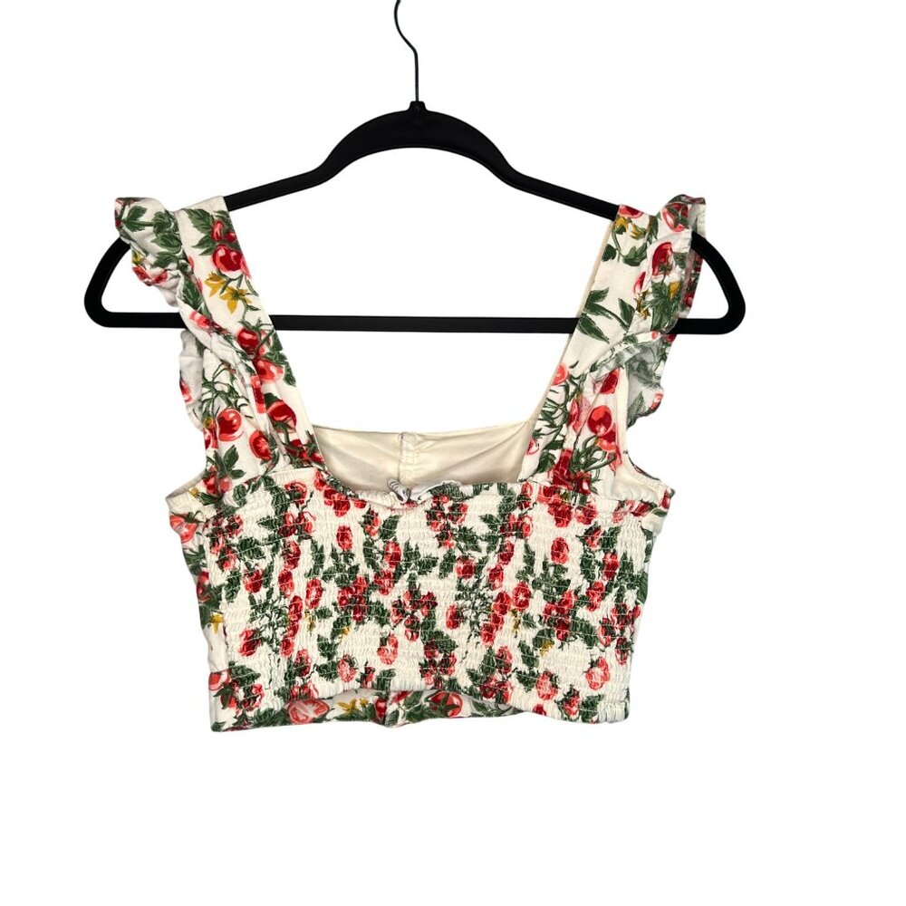 Midnight Sky Cherry Print Ruffle Strap Cropped Top Corset Size Medium Rockabilly - Picture 2 of 12